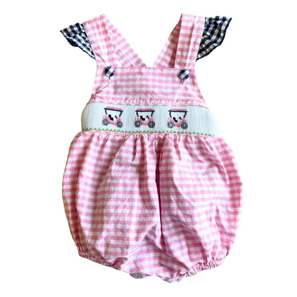 Classic Whimsey Golf Cart Smocked Ruffle Butt Pink White Checkered Bubble Romper